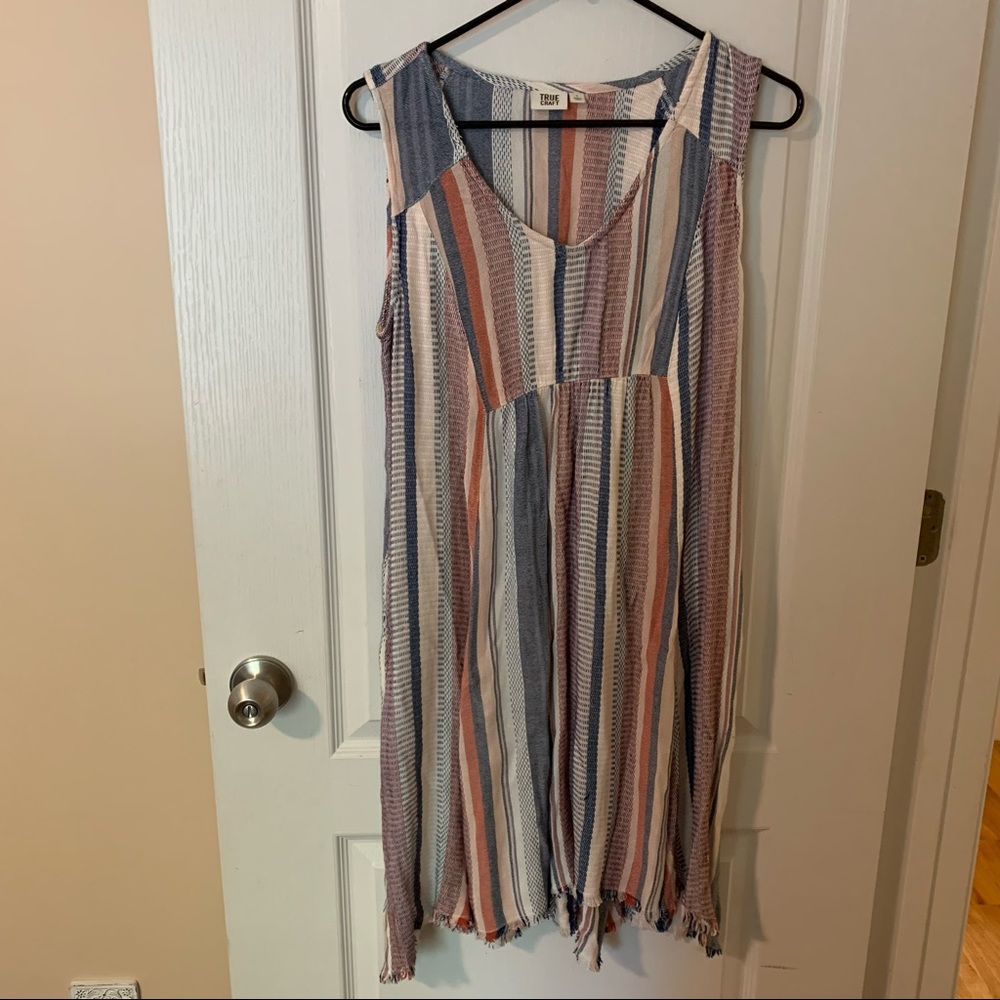 True Craft Striped Patchwork Linen Style Dress - image 1